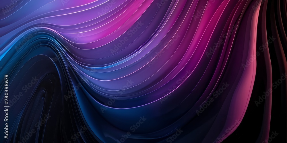 Obraz premium Abstract composition featuring a vertical gradient from dark brown to purple and then blue, set on a black background. Abstract curved lines at different heights add depth and texture.