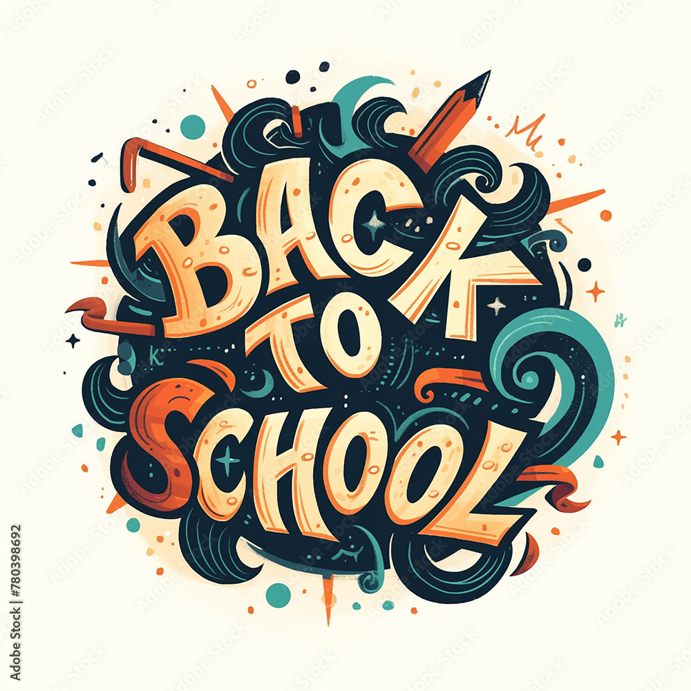 Back to school is a fun and colorful logo that is perfect for a school-related event or advertisement. The design features a large circle with various writing and illustrations Back to school is a fun and colorful logo that is perfect for a school-related event or advertisement. The design features a large circle with various writing and illustrations