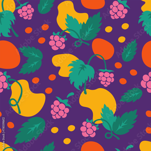 Raspberry colorful abstract seamless pattern. Modern summer background with Berry fruit spots leaf dots. Repeat vector illustration with vibrant colors