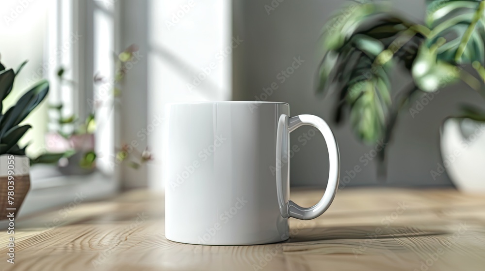 a white mug style mockup in a cozy kitchen setting, featuring steam rising from freshly brewed coffee.