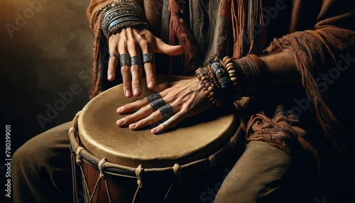 A musician's hands adorned with cultural jewelry play an ancient drum