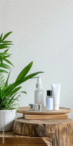 A wooden stool table against a white wall and there are some cosmetic products and bottles on it an a white vase with plant inside. web banner style. © MeSSrro