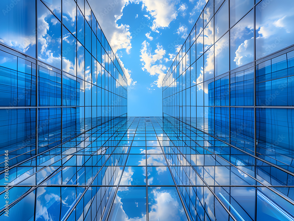 Looking up at a symmetrical glass skyscraper facade. Modern architecture and design concept. Design for corporate poster and architectural backgrounds. Symmetrical composition with sky reflection