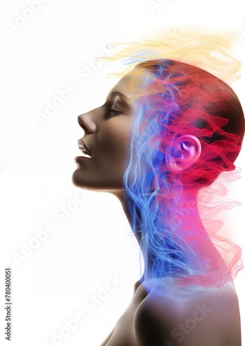 Woman's head with colorful light in background beauty young adult isolated