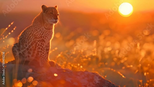 The rising sun casts a golden glow, illuminating the leopard and highlighting the delicate dewdrops on the surrounding grass .generative ai