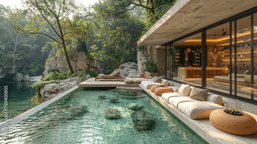 a daybed chill-out area into a minimalist haven nestled amidst a dreamy jungle riverside, with natural stone accents and an atmosphere exuding tranquil relaxation.