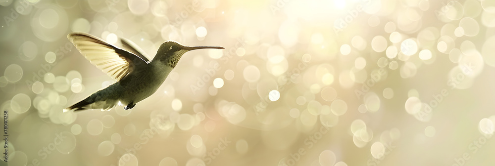 Fototapeta premium Enchanting Flight Hummingbird Soaring amidst Lush Green Forest Background, Graceful Soar: Hummingbird in Enchanted Forest Background