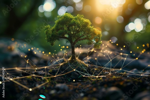 new technology startup concept with green tree growing from network of data