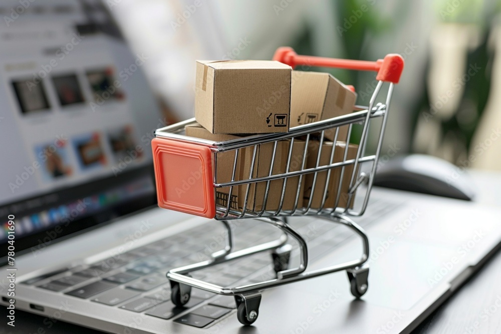 Online shopping concept with cart full of boxes on top of laptop computer