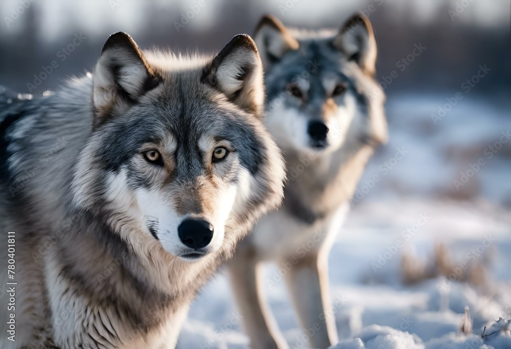 AI generated illustration of two majestic gray wolves standing side by side in a snowy landscape