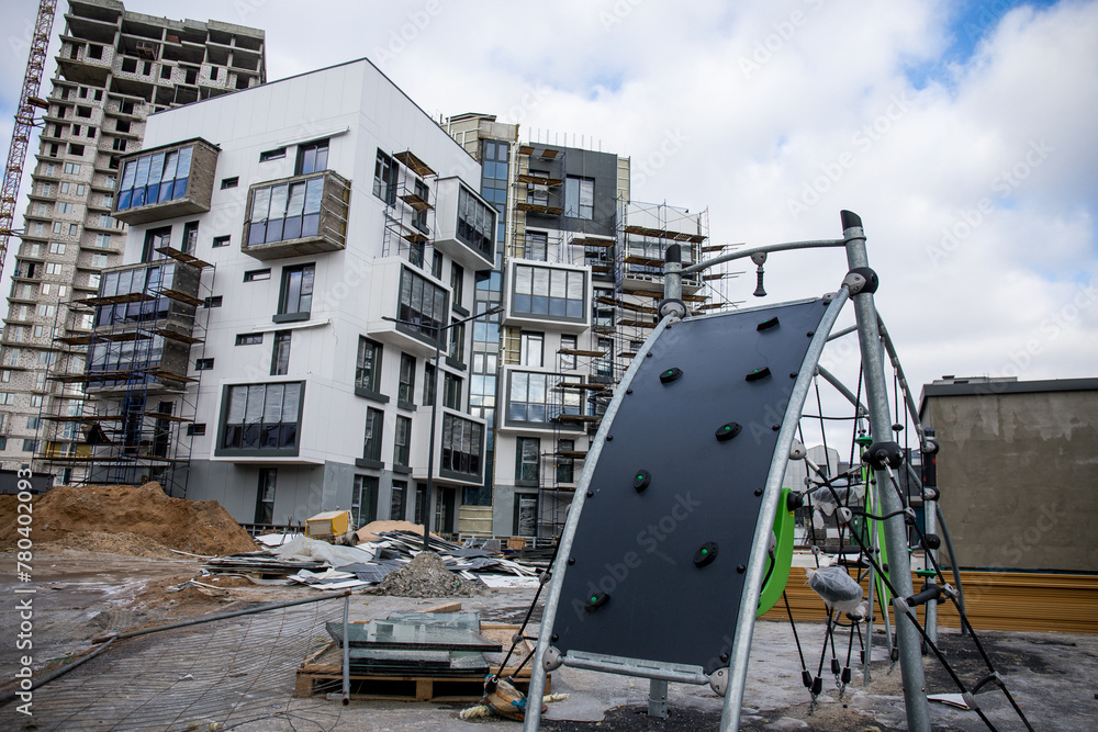 A new area with new multi-storey buildings with a children's playground