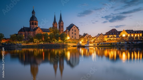 Beautiful shot of the cathedral in Seligenstadt, Hesse, Germany at evening, over the river Main