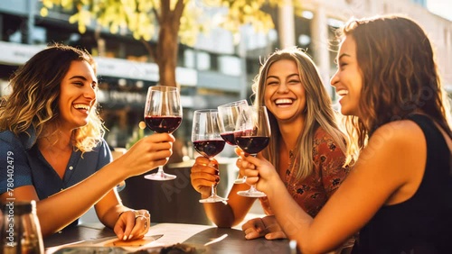 A group of friends drinking wine and relaxing outdoors photo