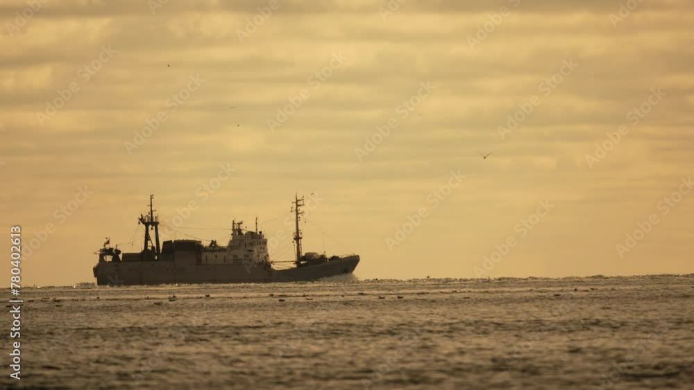 Abstract sea ocean sunset nature background with seagulls and fishing boat trawler catches fish while sailing on sea at horizon in distance sail to catch school of fish on calm sea surface in summer. Abstract sea ocean sunset nature background with seagulls and fishing boat trawler catches fish while sailing on sea at horizon in distance sail to catch school of fish on calm sea surface in summer.