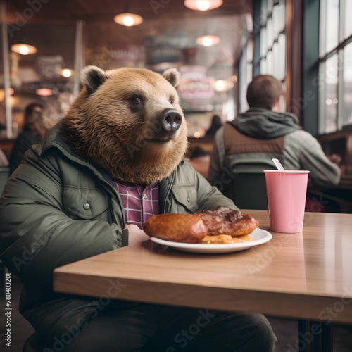 a bear head wearing a jacket and sitting at a table with a plate of don