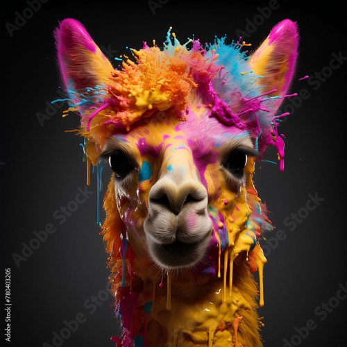 AI generated illustration of a colorful Llama with a black background