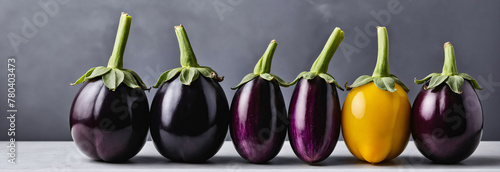 six eggplant fruits, one in yellow and purple, stand in line on