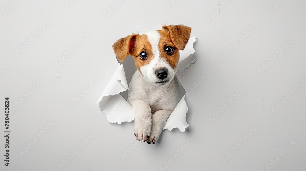 hole in the wall, with an adorable dog peeking out, adding charm to any space, against a pristine white background, perfect for a playful touch in home decor. hole in the wall, with an adorable dog peeking out, adding charm to any space, against a pristine white background, perfect for a playful touch in home decor.