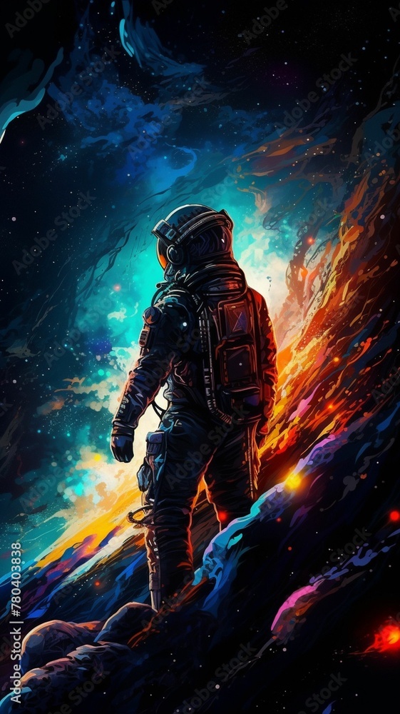 AI generated illustration of An astronaut in a space suit standing in the vast expanse of space