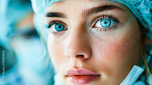A close-up of a woman wearing surgical headgear, intense blue eyes glistening, with a focused and professional demeanor.