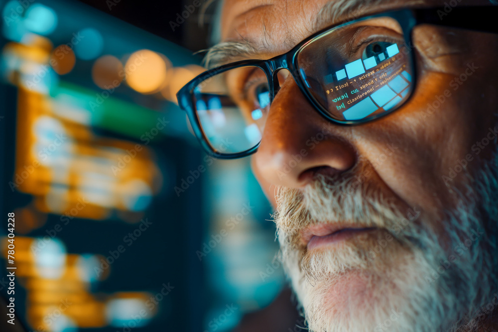 AI generated illustration of a man in glasses focused on a computer screen in a dimly lit room AI generated illustration of a man in glasses focused on a computer screen in a dimly lit room