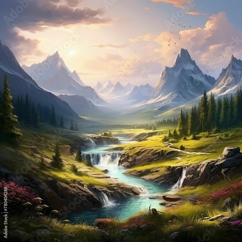 AI generated illustration of a painting of a mountain river flowing through a lush green landscape