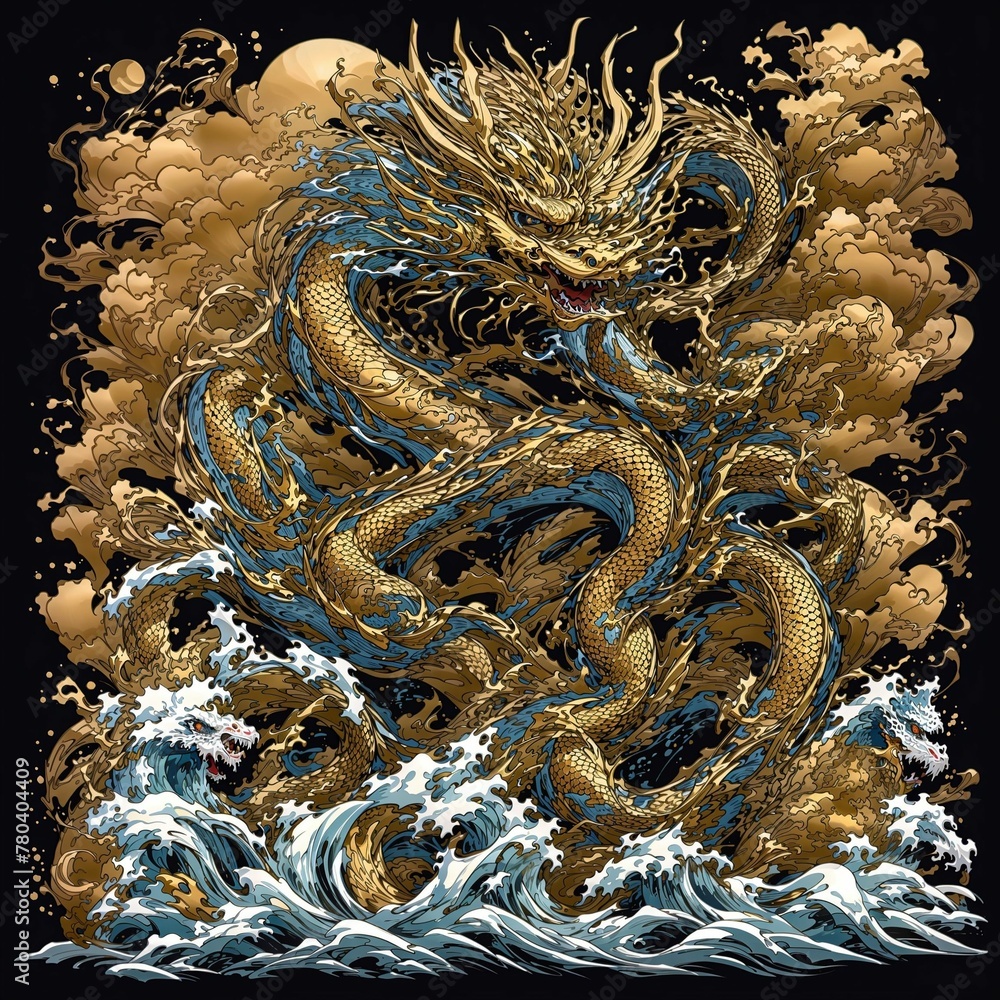 AI generated illustration of A majestic golden dragon is perched atop a wave in the night sky