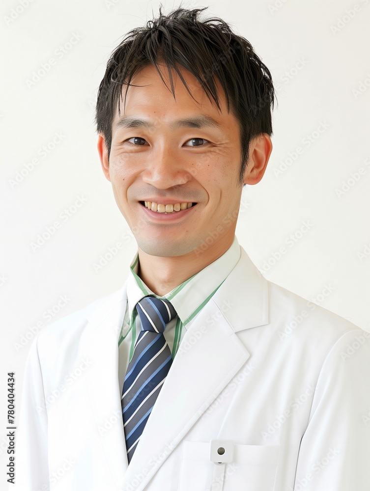 AI generated illustration of a smiling Asian doctor in a lab coat and tie poses for the camera AI generated illustration of a smiling Asian doctor in a lab coat and tie poses for the camera