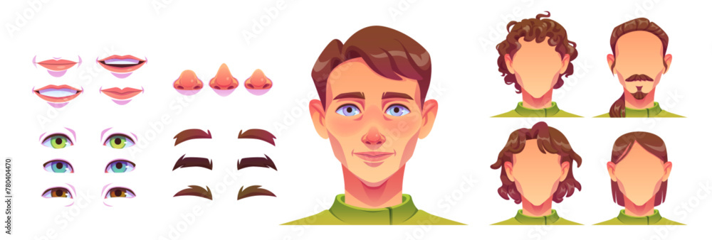 Man avatar construction kit with different haircuts and lips emotions, nose shapes, eyes and brows. Custom face creation set. Cartoon vector illustration collection for male character head generator. - obrazy, fototapety, plakaty 