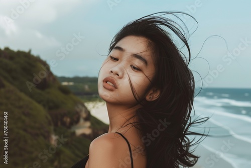 AI generated illustration of an Asian woman posing for a beach photoshoot