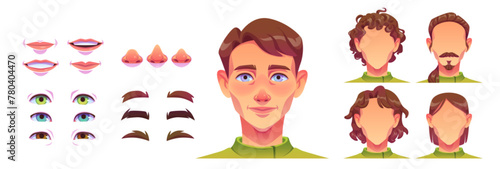 Man avatar construction kit with different haircuts and lips emotions, nose shapes, eyes and brows. Custom face creation set. Cartoon vector illustration collection for male character head generator. © klyaksun