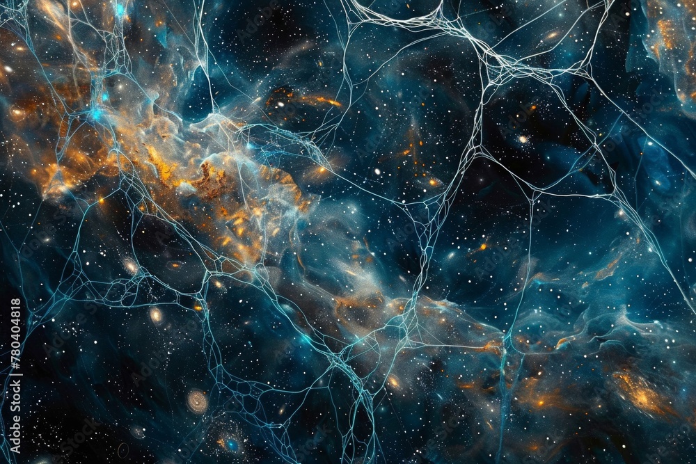 The cosmic network of galaxies with filaments of dark matter and galaxies stretches across the universe like spider webs in the sky. - obrazy, fototapety, plakaty 