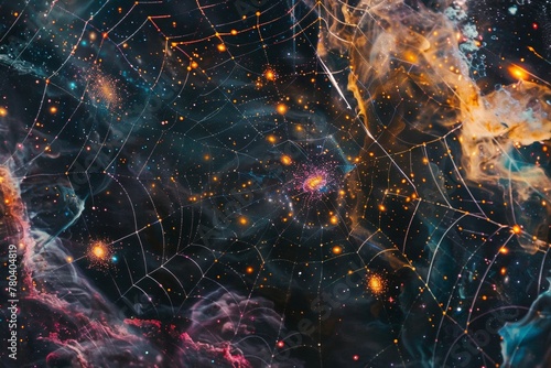 The cosmic network of galaxies with filaments of dark matter and galaxies stretches across the universe like spider webs in the sky.