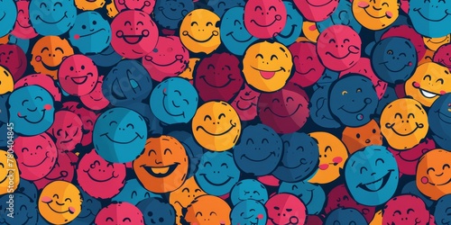Colorful happy emoji faces pattern, smiling smiley characters in the same style, AI Generated. photo