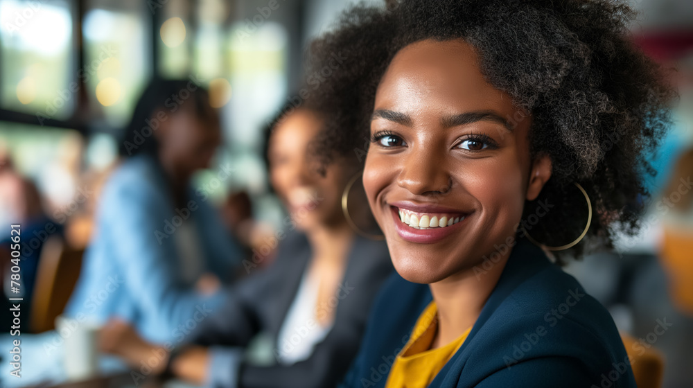 Cheerful young woman with curly hair smiles brightly at a cafe, with people in the background. Cheerful young woman with curly hair smiles brightly at a cafe, with people in the background.