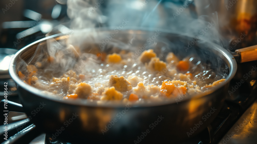 Pan on the stove, with food simmering and steam rising, indicating cooking in progress. Pan on the stove, with food simmering and steam rising, indicating cooking in progress.