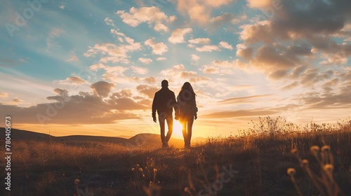 AI-generated illustration of a couple walking together in a field of flowers