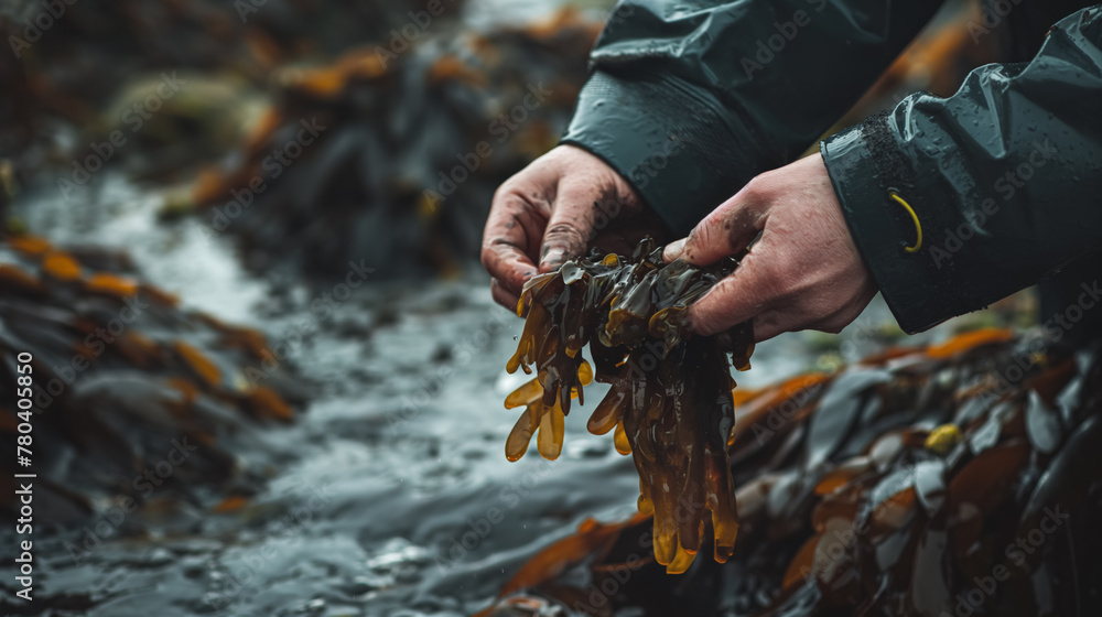 Person's hands holding a clump of wet seaweed, with water in the background.