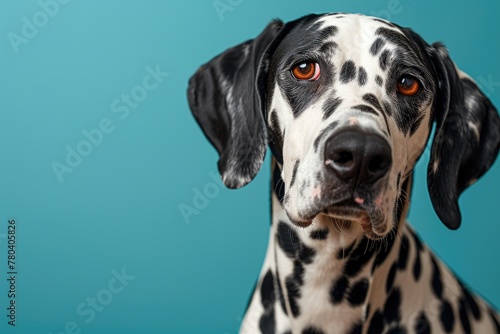 Dalmatian Pup Posing with Empty Card, Vibrant Blue Background © Andrii 