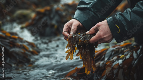Person's hands holding a clump of wet seaweed, with water in the background. photo