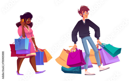 Mall buyer character with paper shopping bags. Cartoon vector illustration set of people with supermarket packages. Confused man with lots of packs and woman holding pouch and talking mobile phone