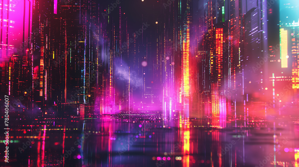 Futuristic neon-lit cityscape reflects on the water surface, creating a vibrant and dynamic night scene.