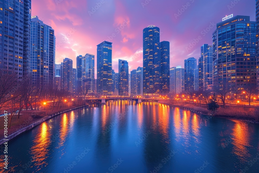 Fototapeta premium Evening Splendor: Chicago Skyline in Sunset Hues