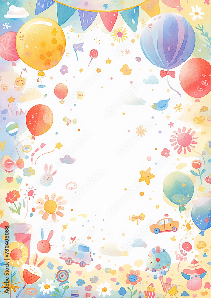 Children's day colorful frame with a bunch of balloons and flowers. The balloons are in different colors and sizes, and the flowers are scattered throughout the frame. Scene is cheerful and playful Children's day colorful frame with a bunch of balloons and flowers. The balloons are in different colors and sizes, and the flowers are scattered throughout the frame. Scene is cheerful and playful