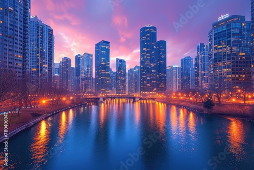 Evening Splendor: Chicago Skyline in Sunset Hues © Andrii 