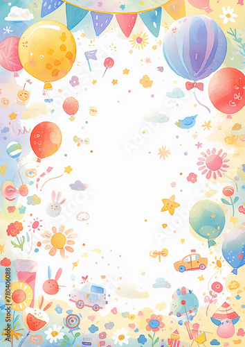 Children s day colorful frame with a bunch of balloons and flowers. The balloons are in different colors and sizes  and the flowers are scattered throughout the frame. Scene is cheerful and playful
