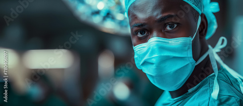 Focused surgeon wearing a blue surgical mask and scrubs, ready for an operation.