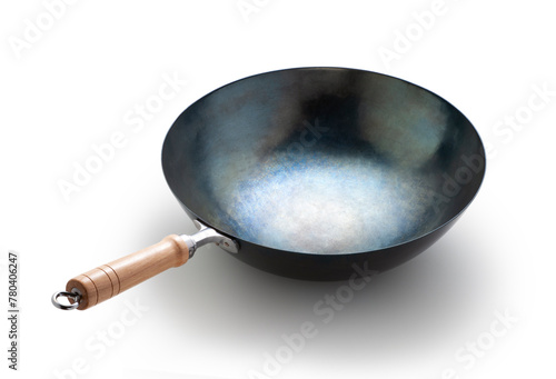 Empty iron wok isolated on white background, Chinese cookware