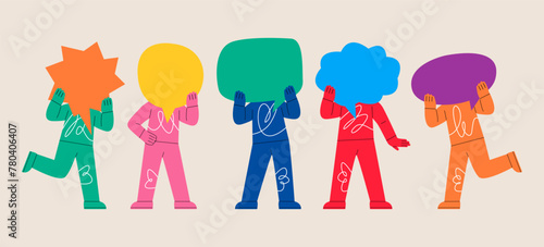 People holding large speech message bubbles with instead of heads. Colorful vector illustration