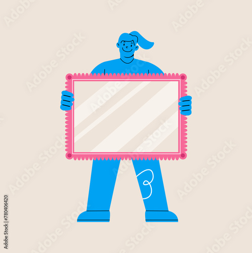 Woman holding a large mirror frame. Colorful vector illustration
